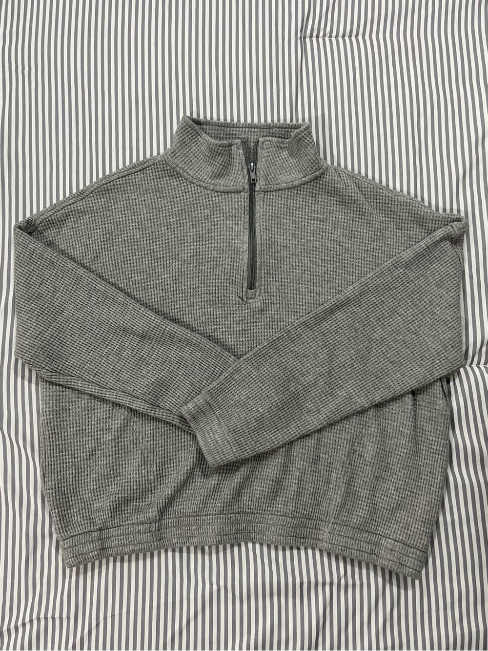 Grey Quarter-Zip Waffle Knit Sweater